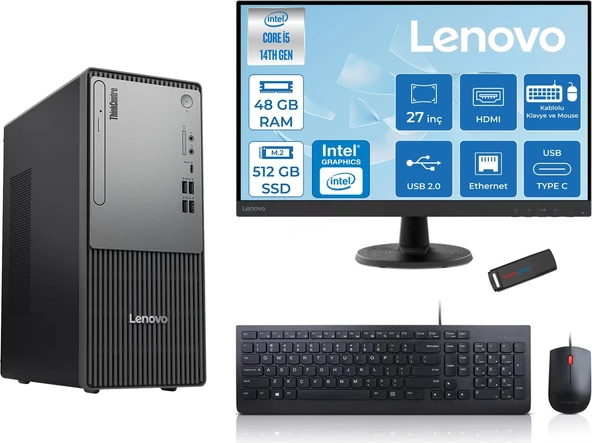Lenovo Thinkcentre Neo 50T Gen5 Intel Core I5 14400 48GB Ddr5 512GB SSD 27 Inç Monitör Freedos Intel UHD 730 Masaüstü Bilgisayar 2712UAS1CF00F17 + Zetta Flash Bellek ürün görseli 1