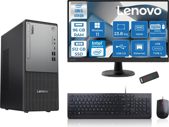 Lenovo Thinkcentre Neo 50T Gen5 Intel Core I5 14400 96GB Ddr5 512GB SSD 23.8 Inç Monitör Windows 11 Pro Intel UHD 730 Masaüstü Bilgisayar 2412UAS1CF00P27 + Zetta Flash Bellek ürün görseli 1