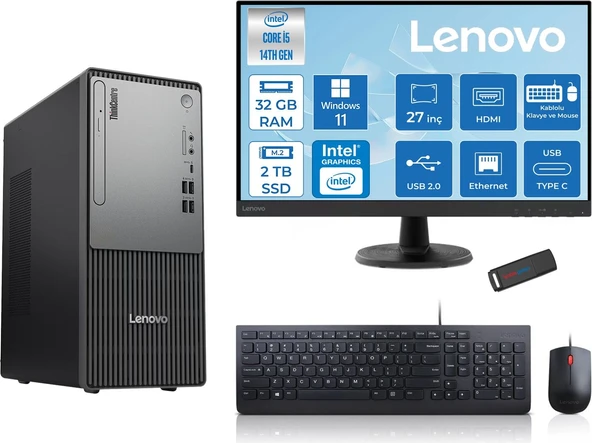Lenovo Thinkcentre Neo 50T Gen5 Intel Core I5 14400 32GB Ddr5 2tb SSD 27 Inç Monitör Windows 11 Pro Intel UHD 730 Masaüstü Bilgisayar 2712UAS1CF00P14 + Zetta Flash Bellek ürün görseli 1