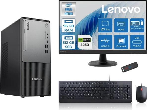 Lenovo Thinkcentre Neo 50T Gen5 Intel Core I5 14400 96GB Ddr5 512GB SSD 27 Inç Monitör Freedos Nvidia RTX3050 6gb Masaüstü Bilgisayar 30502712UAS1CF00F27 + Zetta Flash Bellek ürün görseli 1