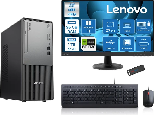 Lenovo Thinkcentre Neo 50T Gen5 Intel Core I5 14400 96GB Ddr5 1tb SSD 27 Inç Monitör Windows 11 Pro Nvidia GT1030 4gb Masaüstü Bilgisayar 10302712UAS1CF00P28 + Zetta Flash Bellek ürün görseli 1