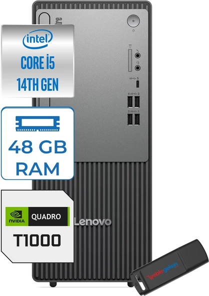 Lenovo Thinkcentre Neo 50T Gen5 Intel Core I5 14400 48GB Ddr5 256GB SSD Freedos Quadro T1000 4gb Masaüstü Bilgisayar 100012UAS1CF00F16 + Zetta Flash Bellek ürün görseli 1