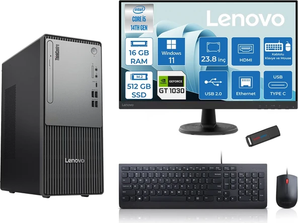 Lenovo Thinkcentre Neo 50T Gen5 Intel Core I5 14400 16GB Ddr5 512GB SSD 23.8 Inç Monitör Windows 11 Home Nvidia GT1030 4gb Masaüstü Bilgisayar 10302412UAS1CF00H02 + Zetta Flash Bellek ürün görseli 1