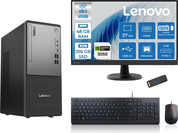 Lenovo Thinkcentre Neo 50T Gen5 Intel Core I5 14400 48GB Ddr5 256GB SSD 27 Inç Monitör Freedos Nvidia RTX3050 6gb Masaüstü Bilgisayar 30502712UAS1CF00F16 + Zetta Flash Bellek ürün görseli 1