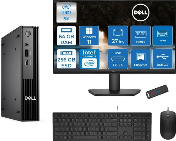 Dell Pc Pro Mıcro QCM1250 Intel® Ultra 5 235T 64GB Ddr5 256GB SSD Intel® Graphicsdell 27 Inç Fhd Mon.  WIN11HOME Mini Masaüstü Bilgisayar BTO10627H21+ZETTAUSBBELLEK ürün görseli 1