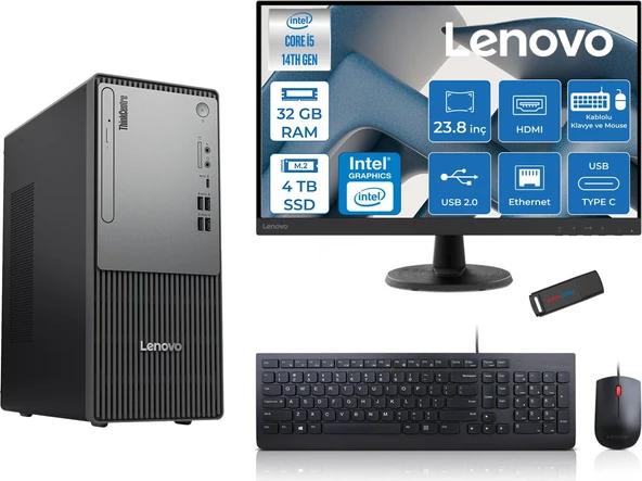 Lenovo Thinkcentre Neo 50T Gen5 Intel Core I5 14400 32GB Ddr5 4tb SSD 23.8 Inç Monitör Freedos Intel UHD 730 Masaüstü Bilgisayar 2412UAS1CF00F15 + Zetta Flash Bellek ürün görseli 1