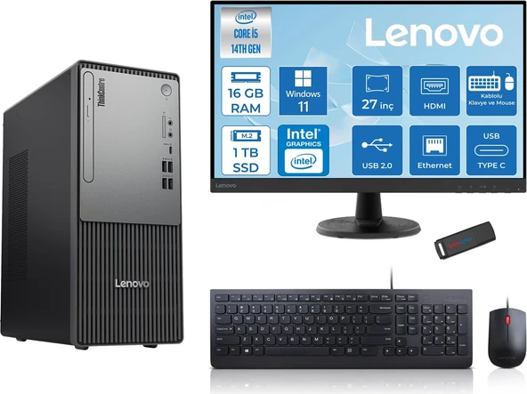 Lenovo Thinkcentre Neo 50T Gen5 Intel Core I5 14400 16GB Ddr5 1tb SSD 27 Inç Monitör Windows 11 Home Intel UHD 730 Masaüstü Bilgisayar 2712UAS1CF00H03 + Zetta Flash Bellek ürün görseli 1