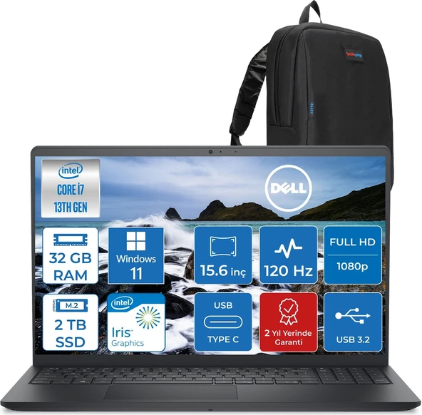 Dell Vostro 3530 Intel Core I7-1355U 32GB 2tb SSD Intel Iris Xe 15.6 Inç 120Hz Fhd 1920X1080 WIN11PRO Taşınabilir Bilgisayar N1601PVNB3530P14+ZETTAÇANTA ürün görseli 1