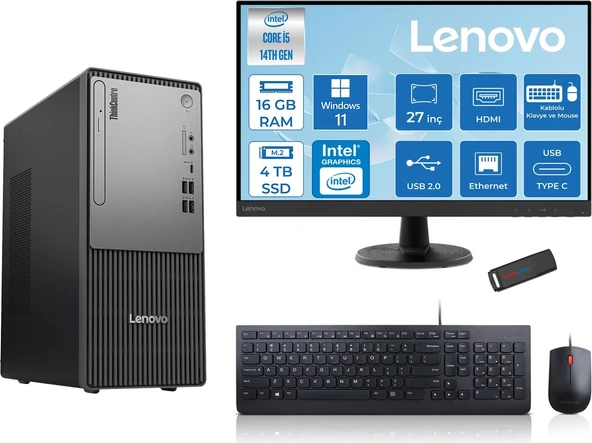 Lenovo Thinkcentre Neo 50T Gen5 Intel Core I5 14400 16GB Ddr5 4tb SSD 27 Inç Monitör Windows 11 Home Intel UHD 730 Masaüstü Bilgisayar 2712UAS1CF00H05 + Zetta Flash Bellek ürün görseli 1