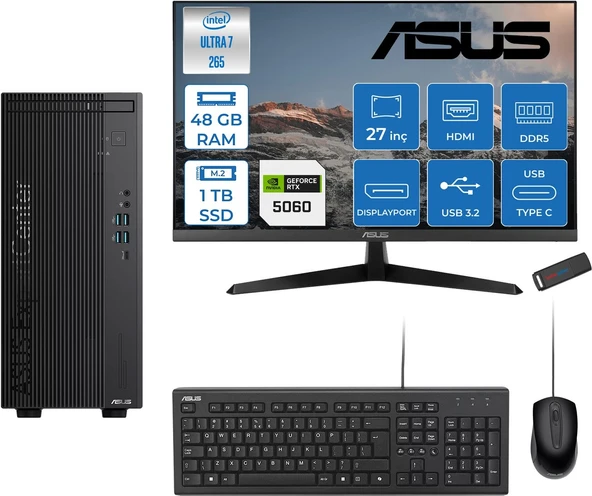Asus Expertcenter B900MF Intel® Core™ Ultra 7 265 5.3ghz Aı 48GB Ddr5 1tb SSD 8GB/RTX5060 27"Mon120Hz  Freedos Mini Tower Masaüstü Bilgisayar B900MF50602731F18+ZETTAUSBBELLEK ürün görseli 1