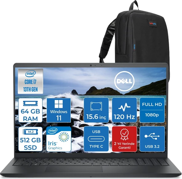 Dell Vostro 3530 Intel Core I7-1355U 64GB 512GB SSD Intel Iris Xe 15.6 Inç 120Hz Fhd 1920X1080 WIN11PRO Taşınabilir Bilgisayar N1601PVNB3530P22+ZETTAÇANTA ürün görseli 1