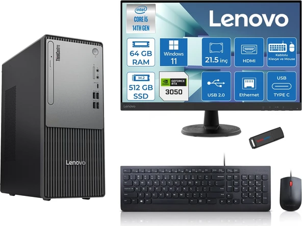 Lenovo Thinkcentre Neo 50T Gen5 Intel Core I5 14400 64GB Ddr5 512GB SSD 21.5 Inç Monitör Windows 11 Home Nvidia RTX3050 6gb Masaüstü Bilgisayar 30502112UAS1CF00H22 + Zetta Flash Bellek ürün görseli 1