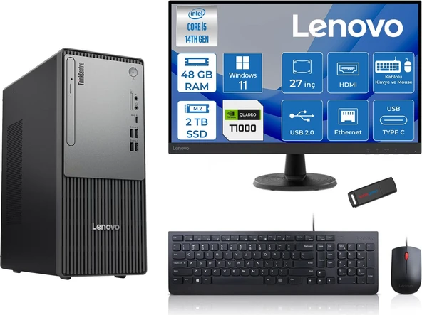 Lenovo Thinkcentre Neo 50T Gen5 Intel Core I5 14400 48GB Ddr5 2tb SSD 27 Inç Monitör Windows 11 Pro Quadro T1000 4gb Masaüstü Bilgisayar 10002712UAS1CF00P19 + Zetta Flash Bellek ürün görseli 1