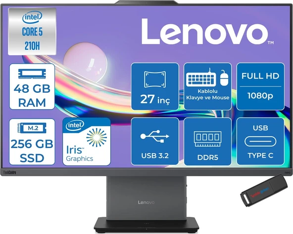 Lenovo Thinkcentre Neo 50A 27 Gen5 Intel Core 5 210H 4.8ghz 48GB Ddr5 256GB SSD Freedos Intel Graphics 27 Inç Fhd (1920X1080) IPS 300NITS 99% Srgb 100Hz TC12SAA05QTRF21 + Zetta Flash Bellek ürün görseli 1
