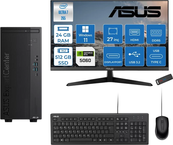 Asus Expertcenter B900MF Intel® Core™ Ultra 7 265 5.3ghz Aı 24GB Ddr5 512GB SSD 8GB/RTX5060 27"Mon120Hz  WIN11HOME Mini Tower Masaüstü Bilgisayar B900MF50602731H07+ZETTAUSBBELLEK ürün görseli 1