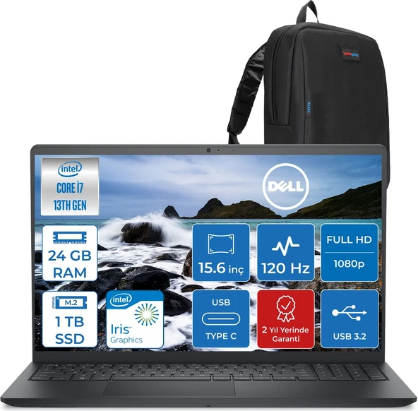 Dell Vostro 3530 Intel Core I7-1355U 24GB 1tb SSD Intel Iris Xe 15.6 Inç 120Hz Fhd 1920X1080 Freedos Taşınabilir Bilgisayar N1601PVNB3530F08+ZETTAÇANTA ürün görseli 1