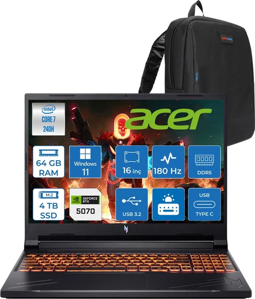 Acer Nitro V16 Aı Intel Core™ 7 240H 64GB Ddr5 4tb SSD RTX5070/8GB 95W Wuxga (1920X1200) IPS 180Hz WIN11HOME Taşınabilir Gaming Bilgisayar NHQZREY002H25+ZETTAÇANTA ürün görseli 1