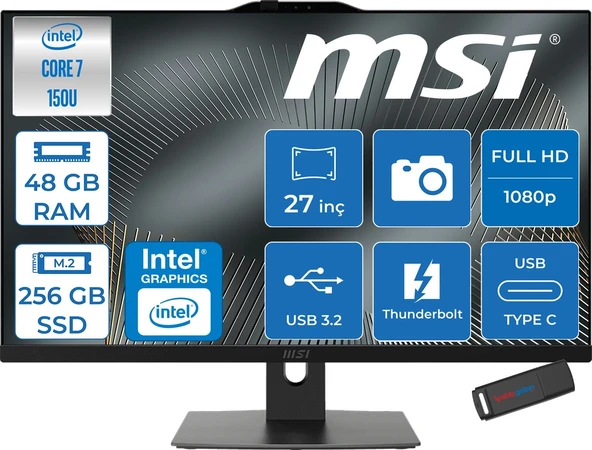 MSI Msı Modern AM272P Intel Core 7 150U 5.4ghz 48GB Ddr5 256GB SSD Freedos Intel Graphics 27 Inç Fullhd (1920X1080) IPS 300NITS All In One Bilgisayar 1M1205XTRF21 + Zetta Flash Bellek ürün görseli 1