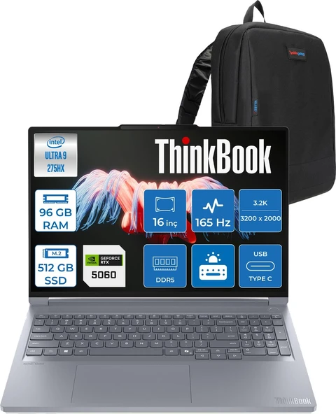 Lenovo Thinkbook 16P Gen6 Iax Intel Core Ultra 9 275HX Aı Ddr5 96GB 512GB SSD 8GB/RTX5060 115W 16" 3.2k (3200X2000) IPS 500NITS 165Hz Freedos Gaming Laptop 21R0004CTXF41+ZETTAÇANTA ürün görseli 1