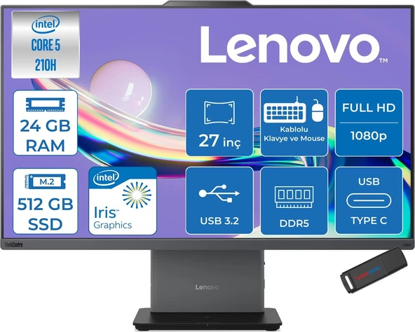 Lenovo Thinkcentre Neo 50A 27 Gen5 Intel Core 5 210H 4.8ghz 24GB Ddr5 512GB SSD Freedos Intel Graphics 27 Inç Fhd (1920X1080) IPS 300NITS 99% Srgb 100Hz TC12SAA05QTRF07 + Zetta Flash Bellek ürün görseli 1