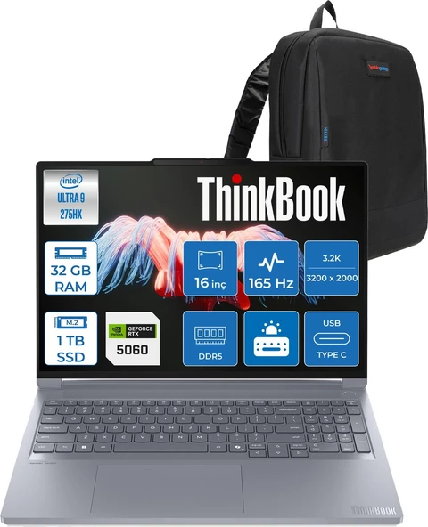 Lenovo Thinkbook 16P Gen6 Iax Intel Core Ultra 9 275HX Aı Ddr5 32GB 1tb SSD 8GB/RTX5060 115W 16" 3.2k (3200X2000) IPS 500NITS 165Hz Freedos Gaming Laptop 21R0004CTXF11+ZETTAÇANTA ürün görseli 1