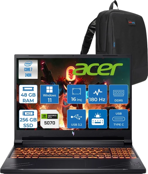 Acer Nitro V16 Aı Intel Core™ 7 240H 48GB Ddr5 256GB SSD RTX5070/8GB 95W Wuxga (1920X1200) IPS 180Hz WIN11PRO Taşınabilir Gaming Bilgisayar NHQZREY002P16+ZETTAÇANTA ürün görseli 1