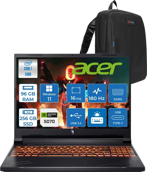 Acer Nitro V16 Aı Intel Core™ 7 240H 96GB Ddr5 256GB SSD RTX5070/8GB 95W Wuxga (1920X1200) IPS 180Hz WIN11PRO Taşınabilir Gaming Bilgisayar NHQZREY002P31+ZETTAÇANTA ürün görseli 1