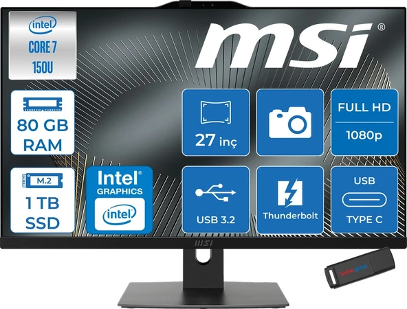 MSI Msı Modern AM272P Intel Core 7 150U 5.4ghz 80GB Ddr5 1tb SSD Freedos Intel Graphics 27 Inç Fullhd (1920X1080) IPS 300NITS All In One Bilgisayar 1M1205XTRF33 + Zetta Flash Bellek ürün görseli 1