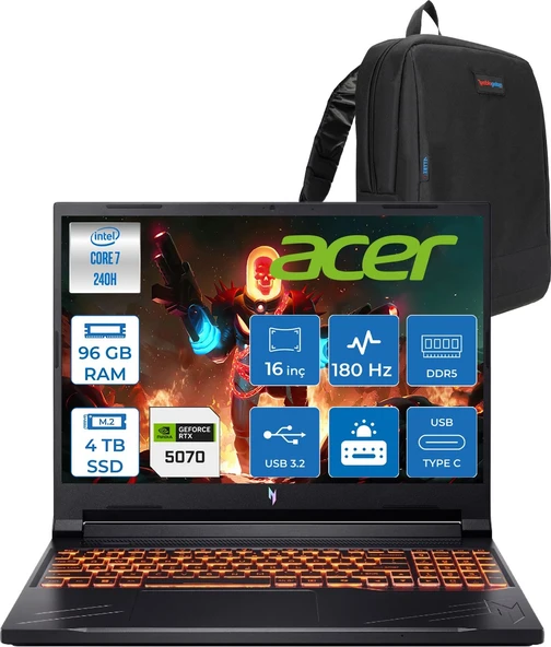 Acer Nitro V16 Aı Intel Core™ 7 240H 96GB Ddr5 4tb SSD RTX5070/8GB 95W Wuxga (1920X1200) IPS 180Hz Freedos Taşınabilir Gaming Bilgisayar NHQZREY002F35+ZETTAÇANTA ürün görseli 1