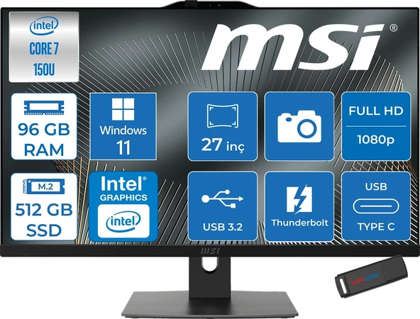 MSI Msı Modern AM272P Intel Core 7 150U 5.4ghz 96GB Ddr5 512GB SSD Windows 11 Home Intel Graphics 27 Inç Fullhd (1920X1080) IPS 300NITS All In One Bilgisayar 1M1205XTRH37 + Zetta Flash Bellek ürün görseli 1