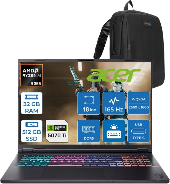 Acer Nitro 18 Ryzen Aı 9 365 32GB 512GB SSD 12GB/RTX5070TI/115W 18" Qhd (2560 x 1600) 165Hz Mat IPS Windows 11 Home Gaming Bilgisayar NHQYFEY001H09 + Zettaçanta ürün görseli 1