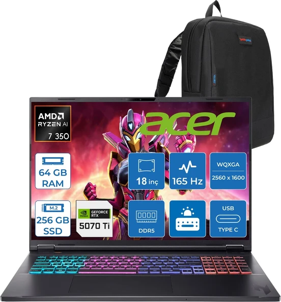 Acer Nitro 18 Aı Amd Ryzen™ 7 350 64GB Ddr5 256GB SSD RTX5070Tİ/12GB 115W 18inç Wqxga (2560 x 1600) IPS 165Hz Freedos Taşınabilir Gaming Bilgisayar NHQYDEY002F21+ZETTAÇANTA ürün görseli 1