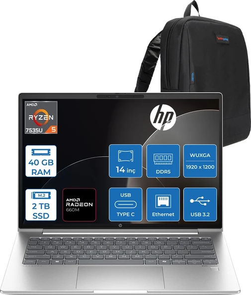 Hp Probook 445 G11 Amd Ryzen 5 7535U 40GB 2tb SSD Amd Radeon 660M 14" Wuxga IPS 300NITS Windows 11 Pro Taşınabilir Bilgisayar 9Y7C9ETP15 + Zettaçanta ürün görseli 1