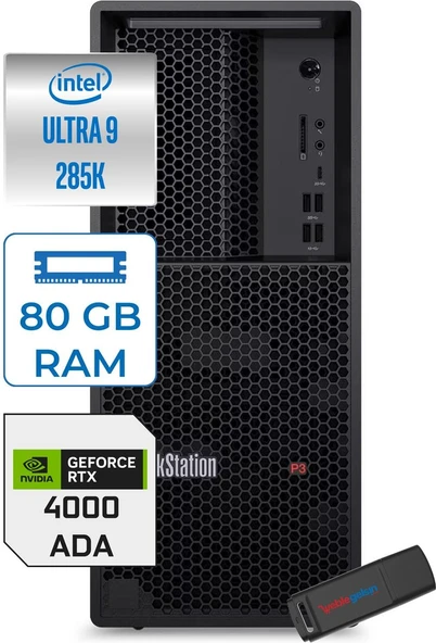 Lenovo Thinkstation P3 Tower Gen2 Intel Core Ultra 9 285K 80GB 4tb SSD 20GB/RTX4000 750W Platinum Windows 11 Pro Masaüsüt Iş Istasyonu 30HT006QTRP28 + Zettausb ürün görseli 1