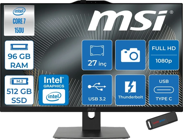 MSI Msı Modern AM272P Intel Core 7 150U 5.4ghz 96GB Ddr5 512GB SSD Freedos Intel Graphics 27 Inç Fullhd (1920X1080) IPS 300NITS All In One Bilgisayar 1M1205XTRF37 + Zetta Flash Bellek ürün görseli 1