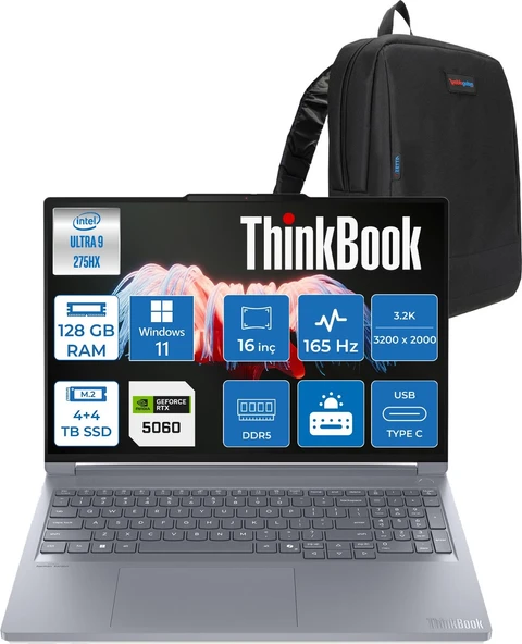 Lenovo Thinkbook 16P Gen6 Iax Intel Core Ultra 9 275HX Aı Ddr5 128GB 4tb SSD +4tb SSD 8GB/RTX5060 115W 16" 3.2k (3200X2000) IPS 500NITS 165Hz WIN11PRO Gaming Laptop 21R0004CTXP56+ZETTAÇANTA ürün görseli 1