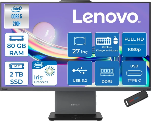 Lenovo Thinkcentre Neo 50A 27 Gen5 Intel Core 5 210H 4.8ghz 80GB Ddr5 2tb SSD Freedos Intel Graphics 27 Inç Fhd (1920X1080) IPS 300NITS 99% Srgb 100Hz TC12SAA05QTRF34 + Zetta Flash Bellek ürün görseli 1