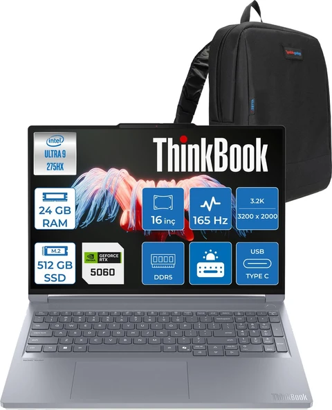 Lenovo Thinkbook 16P Gen6 Iax Intel Core Ultra 9 275HX Aı Ddr5 24GB 512GB SSD 8GB/RTX5060 115W 16" 3.2k (3200X2000) IPS 500NITS 165Hz Freedos Gaming Laptop 21R0004CTXF01+ZETTAÇANTA ürün görseli 1