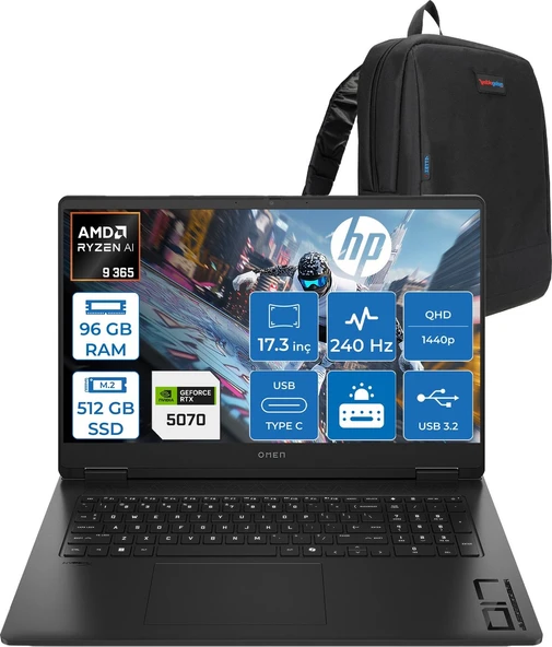 Hp Omen Amd Ryzen Aı 9 365 96GB 512GB SSD 8GB/RTX5070 17.3" Qhd (2560X1440) 3ms IPS 240Hz Windows 11 Pro Taşınabilir Oyun Bilgisayarı CD5N0EAP29 + Zettaçanta ürün görseli 1