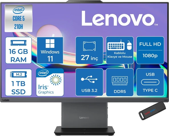 Lenovo Thinkcentre Neo 50A 27 Gen5 Intel Core 5 210H 4.8ghz 16GB Ddr5 1tb SSD Windows 11 Home Intel Graphics 27 Inç Fhd (1920X1080) IPS 300NITS 99% Srgb 100Hz TC12SAA05QTRH03 + Zetta Flash Bellek ürün görseli 1