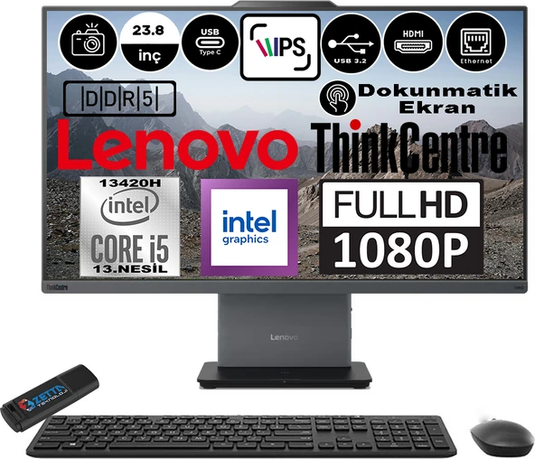 Lenovo Thinkcentre Neo 24 50A Gen5 Intel Core I5 13420H 32GB Ddr5 512GB SSD Windows 11 Pro Intel® UHD Graphics 23.8" Dokunmatık Fhd All In One Bilgisayar 12SC001LTRP07 + Zetta Flash Bellek ürün görseli 1