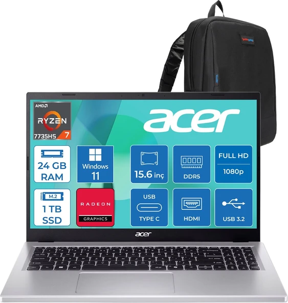 Acer Aspire Go AG15-41 Amd Ryzen 7 7735HS 24GB 1tb SSD Windows 11 Home Amd Radeon Graphics 15.6'' Fullhd (1920X1080) Taşınabilir Bilgisayar NXJ7FEY002H06 + Zetta Çanta ürün görseli 1
