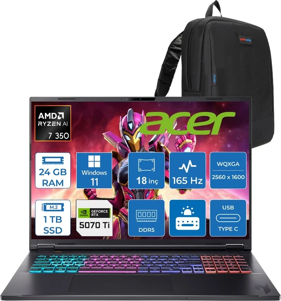 Acer Nitro 18 Aı Amd Ryzen™ 7 350 24GB Ddr5 1tb SSD RTX5070Tİ/12GB 115W 18inç Wqxga (2560 x 1600) IPS 165Hz WIN11HOME Taşınabilir Gaming Bilgisayar NHQYDEY002H08+ZETTAÇANTA ürün görseli 1