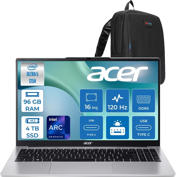 Acer Aspire Lite AL16-71P Intel Core Ultra 5 125H 4.5ghz 96GB Ddr5 4tb SSD Freedos Arc Graphics 16" 120Hz IPS Fullhd+ (1920X1200) Taşınabilir Bilgisayar NXDCLEY001F40 + Zetta Çanta ürün görseli 1