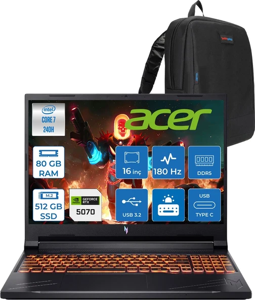 Acer Nitro V16 Aı Intel Core™ 7 240H 80GB Ddr5 512GB SSD RTX5070/8GB 95W Wuxga (1920X1200) IPS 180Hz Freedos Taşınabilir Gaming Bilgisayar NHQZREY002F27+ZETTAÇANTA ürün görseli 1