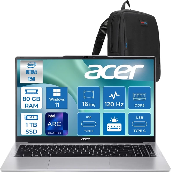 Acer Aspire Lite AL16-71P Intel Core Ultra 5 125H 4.5ghz 80GB Ddr5 1tb SSD Windows 11 Home Arc Graphics 16" 120Hz IPS Fullhd+ (1920X1200) Taşınabilir Bilgisayar NXDCLEY001H33 + Zetta Çanta ürün görseli 1