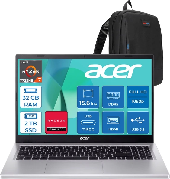 Acer Aspire Go AG15-41 Amd Ryzen 7 7735HS 32GB 2tb SSD Freedos Amd Radeon Graphics 15.6'' Fullhd (1920X1080) Taşınabilir Bilgisayar NXJ7FEY002F11 + Zetta Çanta ürün görseli 1