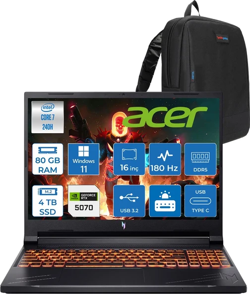 Acer Nitro V16 Aı Intel Core™ 7 240H 80GB Ddr5 4tb SSD RTX5070/8GB 95W Wuxga (1920X1200) IPS 180Hz WIN11HOME Taşınabilir Gaming Bilgisayar NHQZREY002H30+ZETTAÇANTA ürün görseli 1