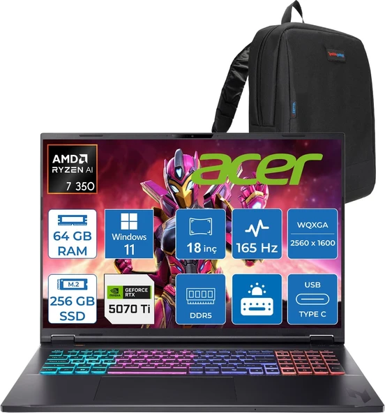 Acer Nitro 18 Aı Amd Ryzen™ 7 350 64GB Ddr5 256GB SSD RTX5070Tİ/12GB 115W 18inç Wqxga (2560 x 1600) IPS 165Hz WIN11HOME Taşınabilir Gaming Bilgisayar NHQYDEY002H21+ZETTAÇANTA ürün görseli 1