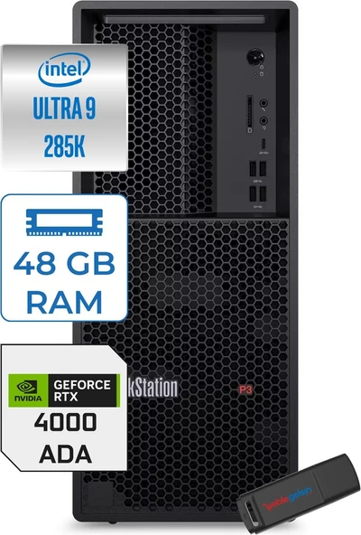 Lenovo Thinkstation P3 Tower Gen2 Intel Core Ultra 9 285K 48GB 8tb SSD 20GB/RTX4000 750W Platinum Freedos Masaüsüt Iş Istasyonu 30HT006QTRF53 + Zettausb ürün görseli 1